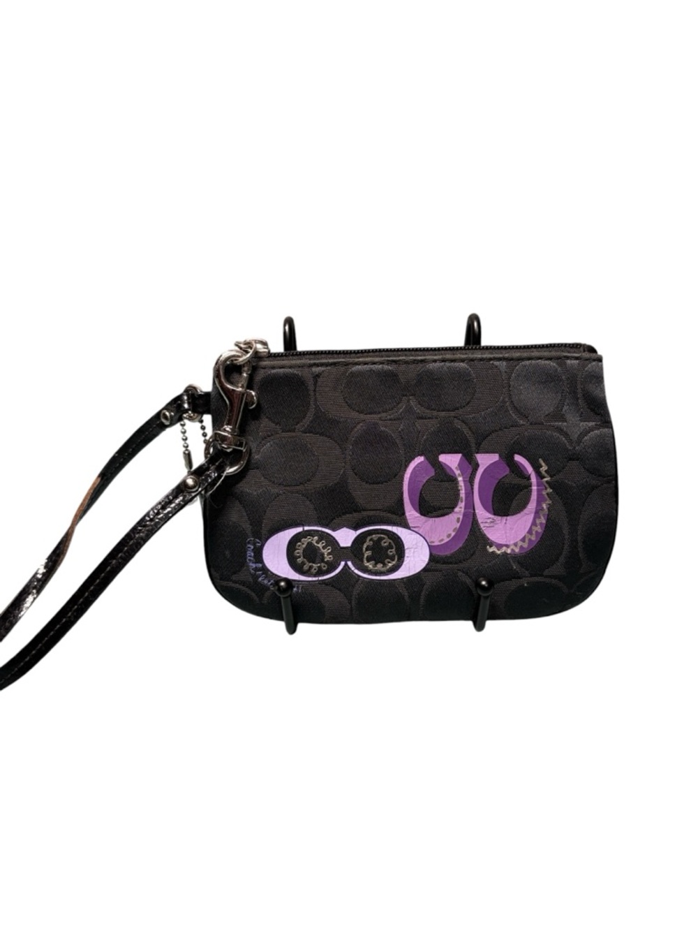 COACH Poppy Black Signature Optic Wristlet Lavender Purple Lining